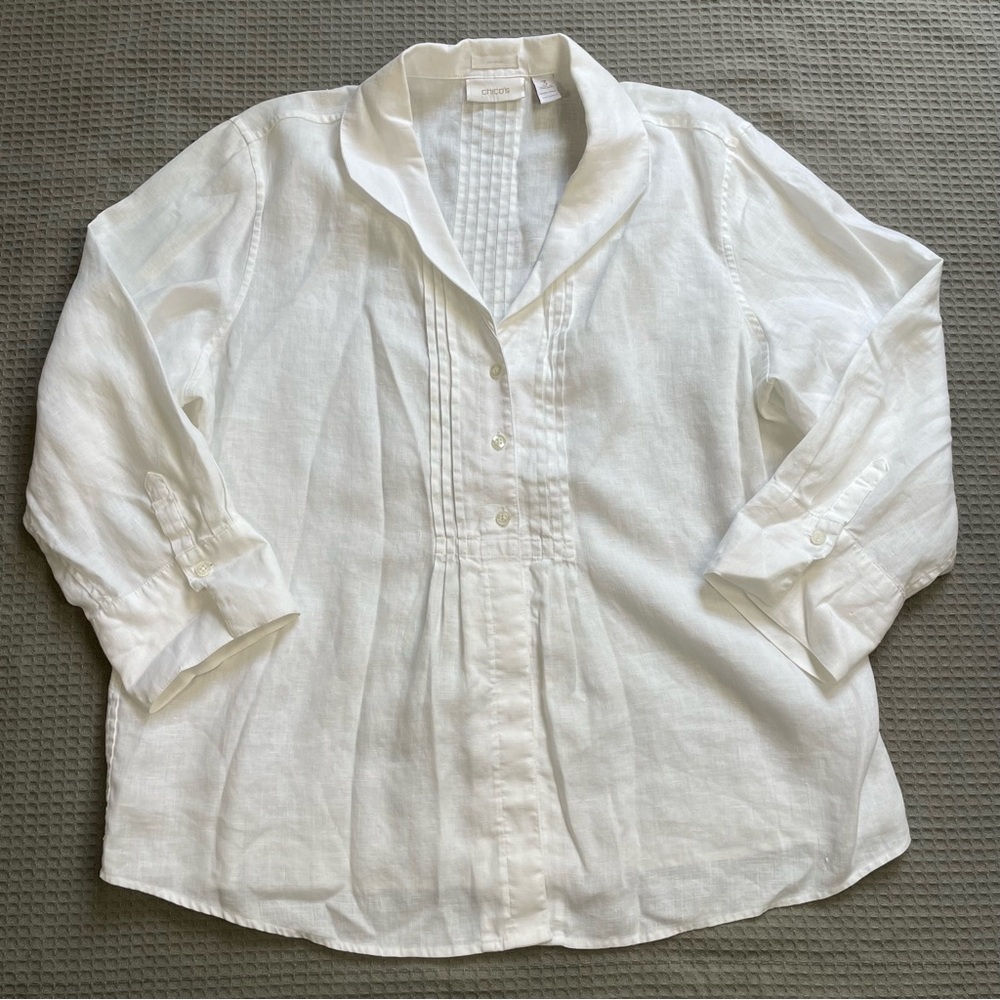 Chico’s 100% Linen Blouse Shirt 3 (XL) Pintuck Button Up White Coastal Resort